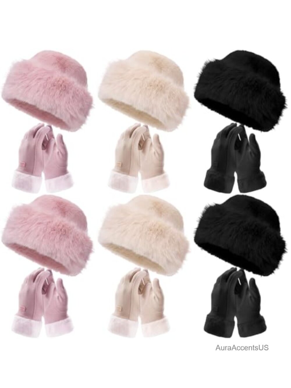Faux Fur Bucket Hat & Touchscreen Gloves Winter Set